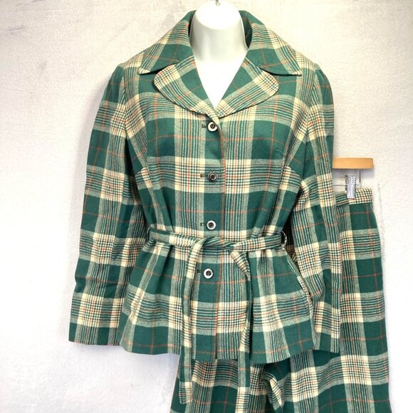Vintage 60s Pendleton Wool Suit Womens 12 Green Tartan Plaid Belted Jacket Pants - Picture 2 of 16